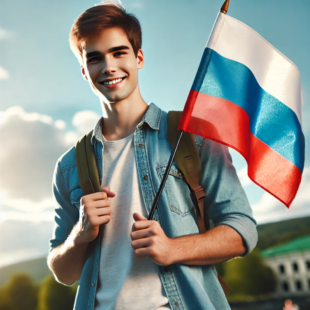 Student holding russian flag