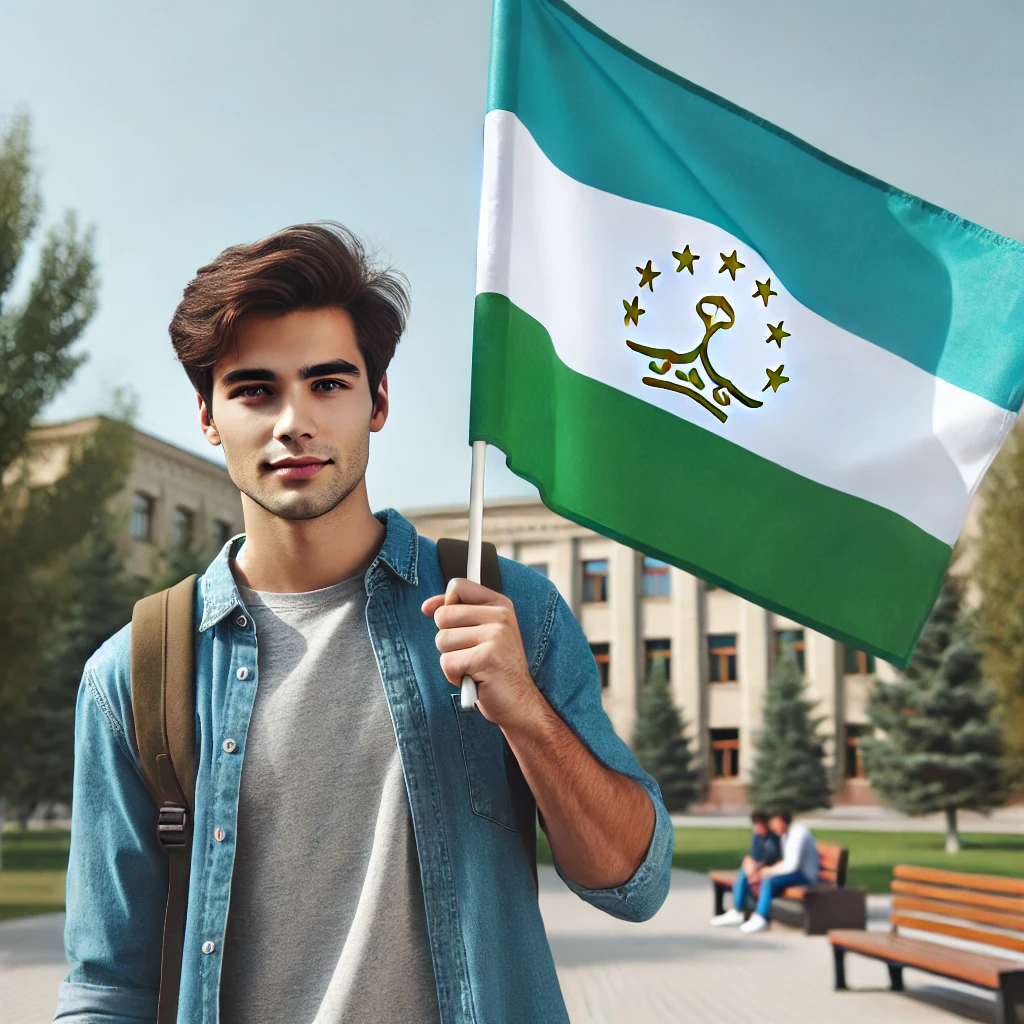 student holding Tajikistan flag