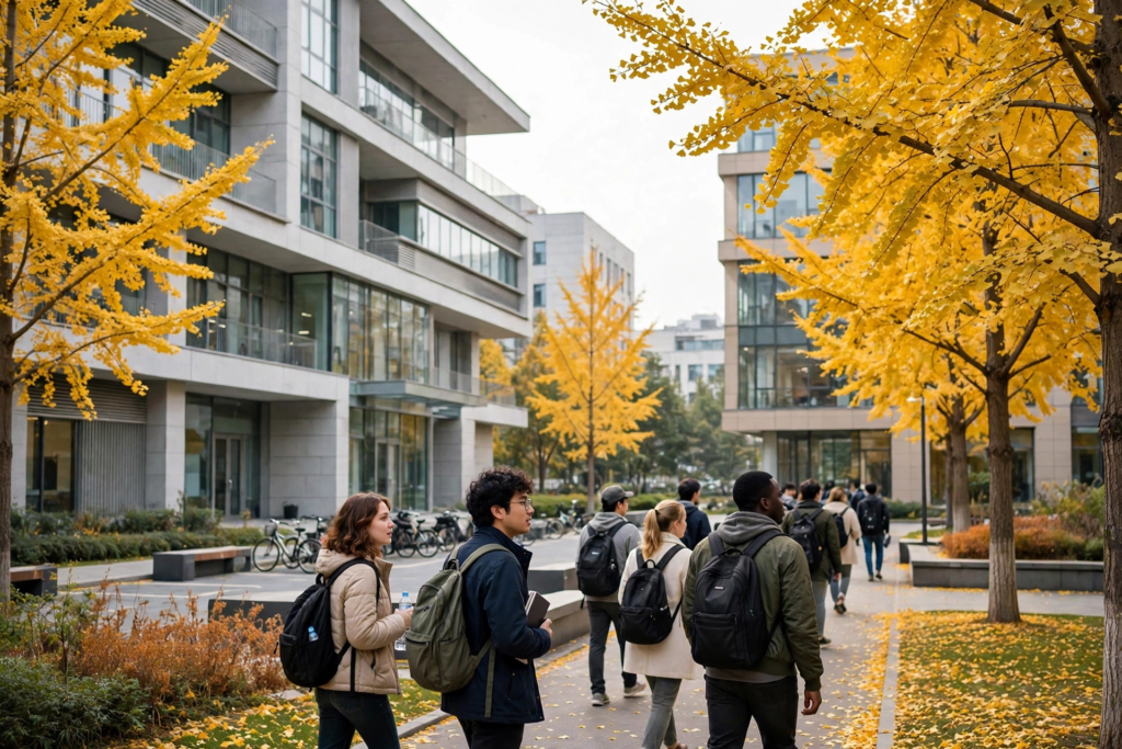 International students walking on a medical university campus in China in autumn