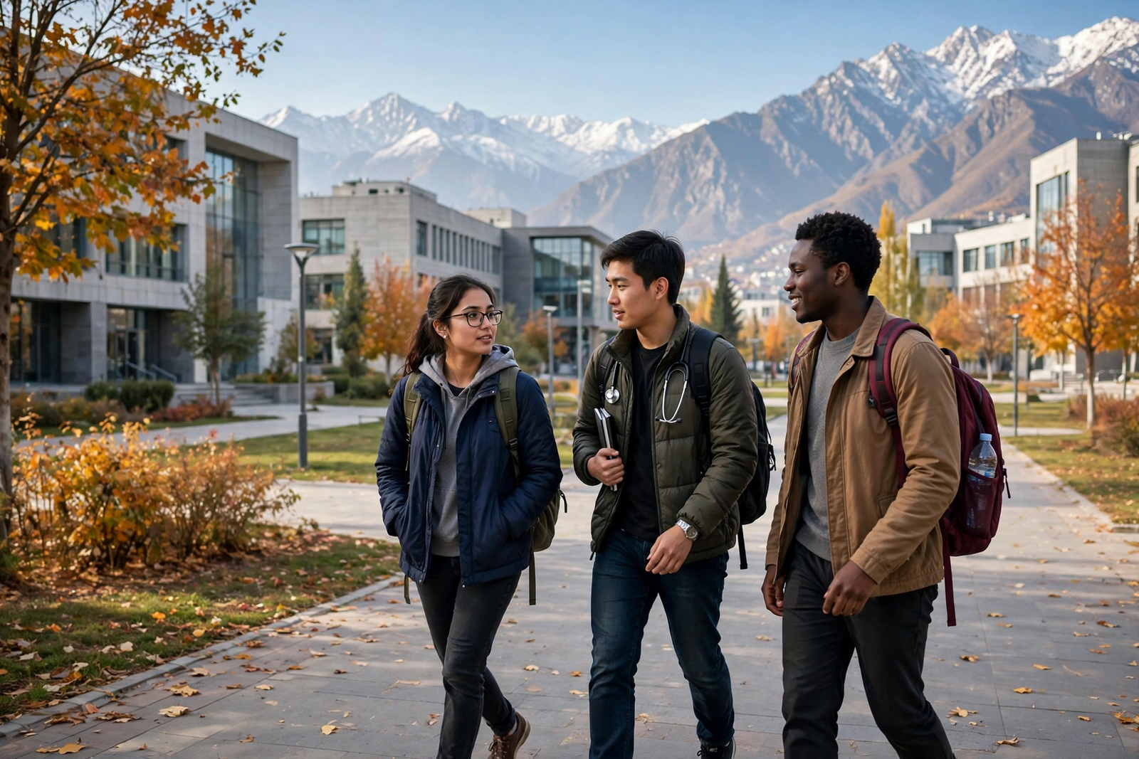 International medical students walking on a university campus in Kyrgyzstan with mountains in the background