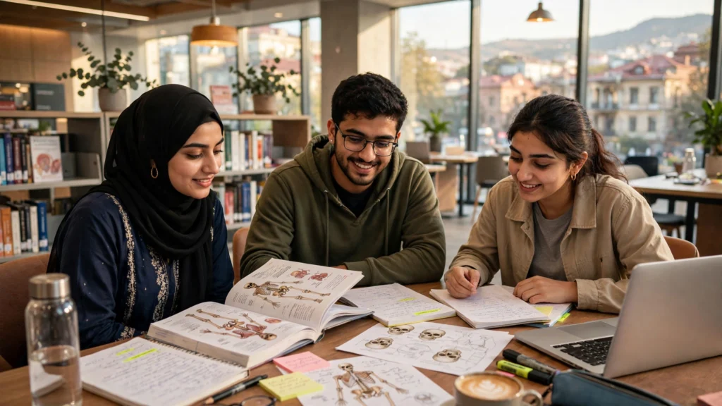 Pakistani medical students studying together in a Tbilisi university library
