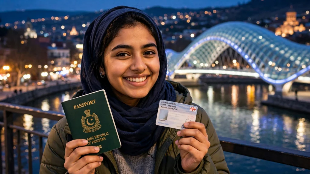 Pakistani student holding her passport and residence card after arriving in Georgia for MBBS
