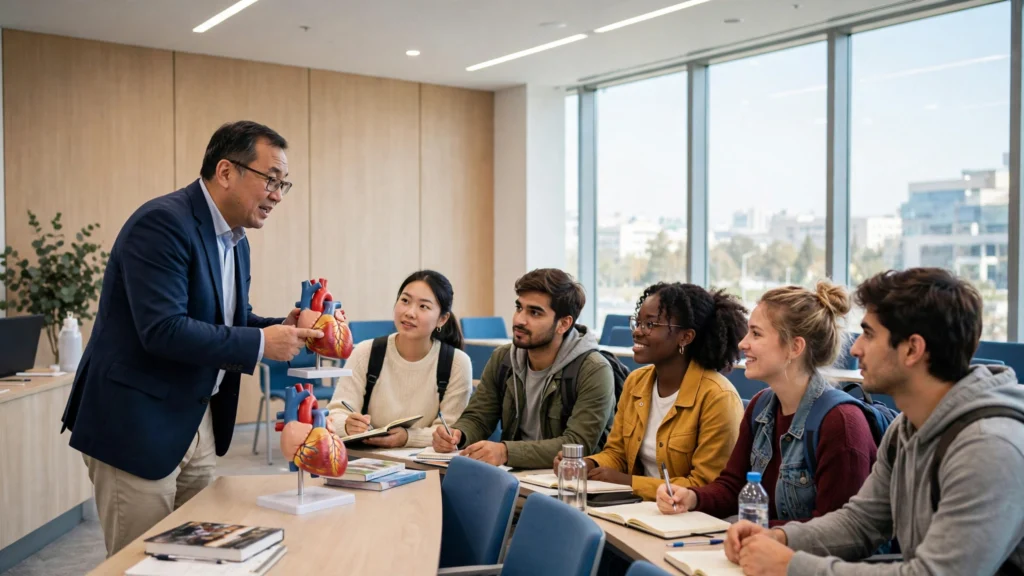 Students learning medicine in an English medium MBBS class in Uzbekistan