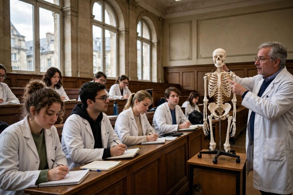 Medical students in a lecture hall during MBBS studies in Serbia