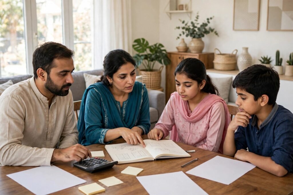 A Pakistani family planning the cost of MBBS abroad with a calculator and documents