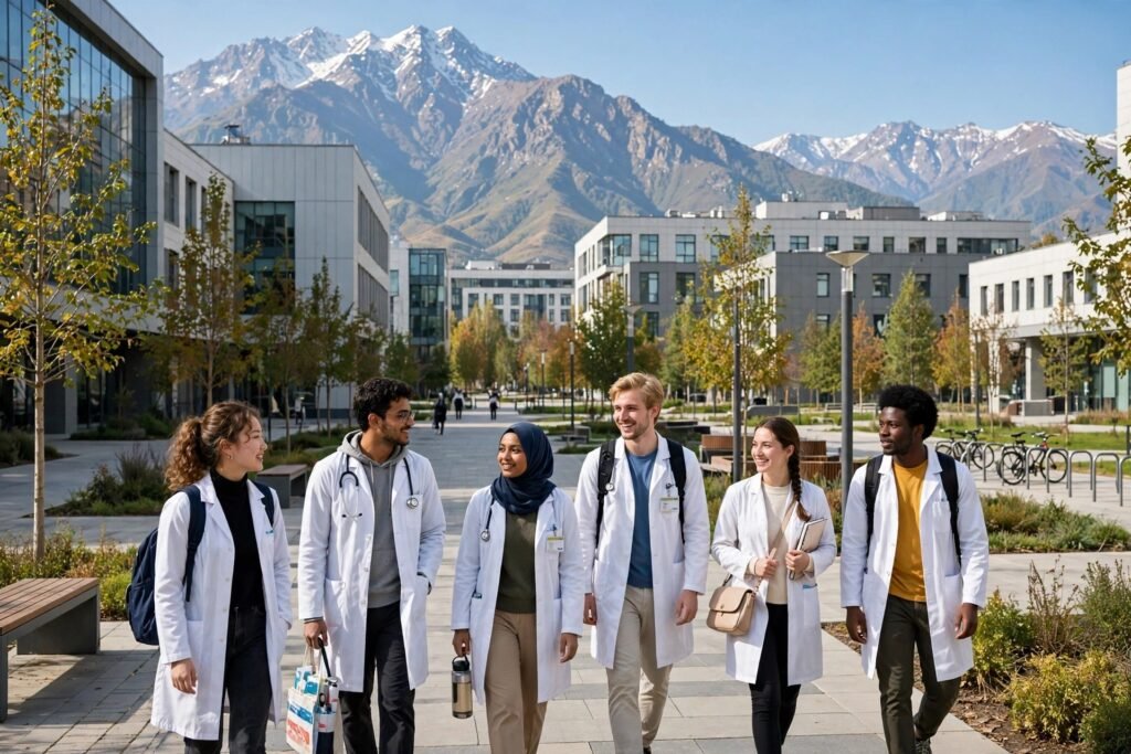 International medical students on a university campus in Almaty, Kazakhstan