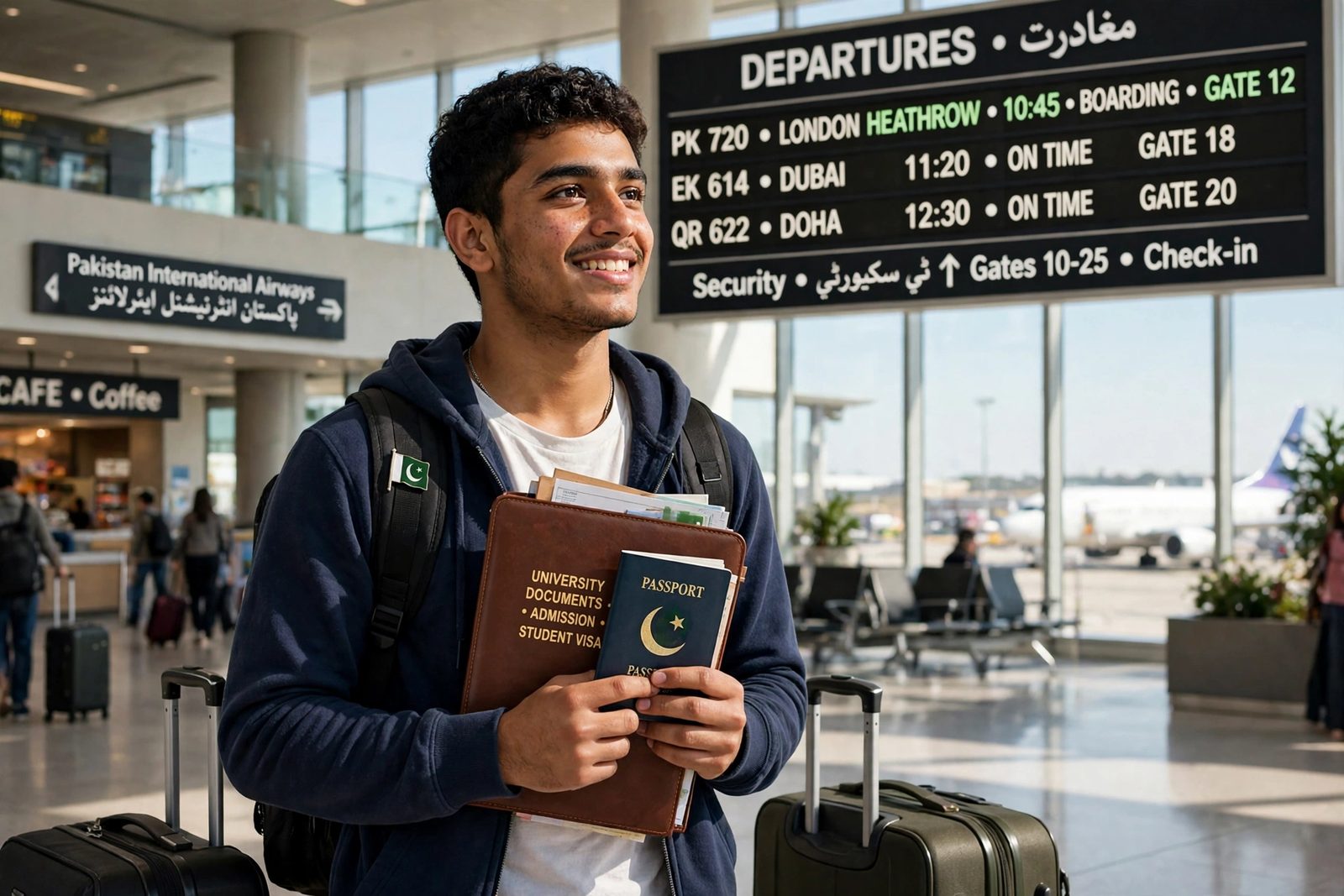 First Week Abroad for MBBS Students: Pakistani student with suitcases at an airport before starting MBBS abroad