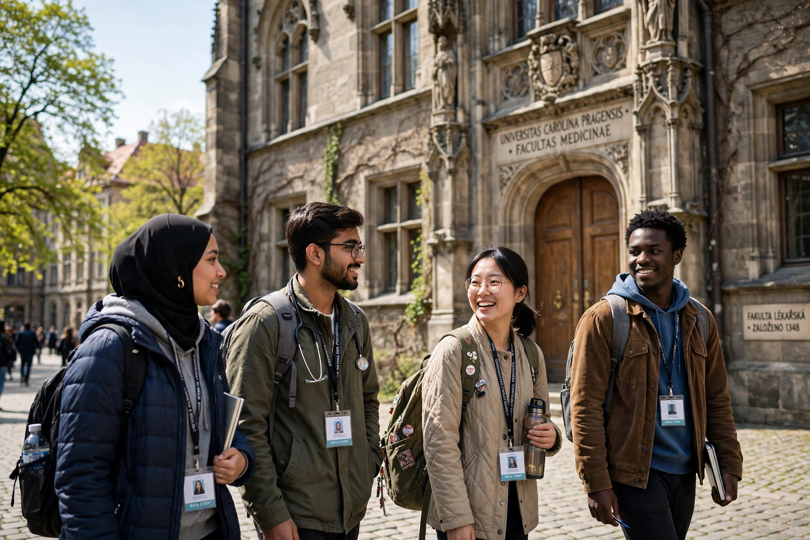International medical students walking near a historic European university building